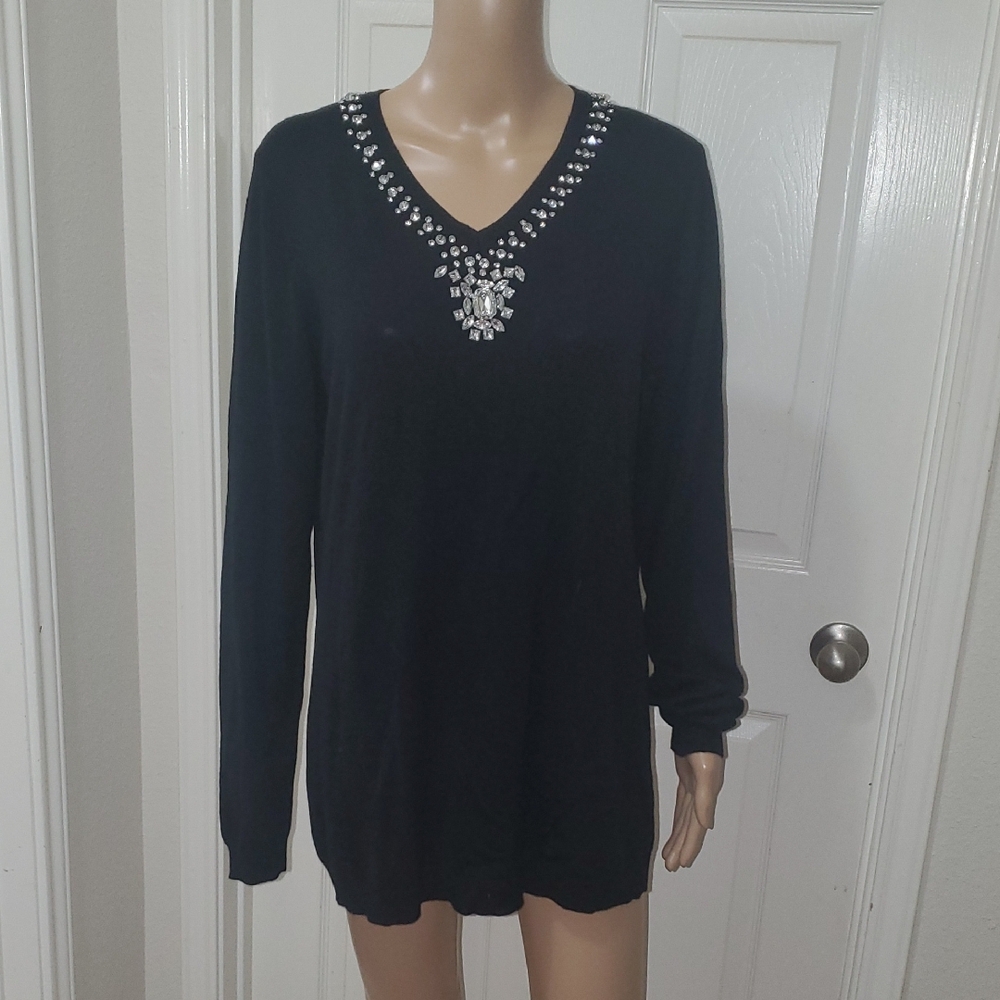 Hot In Hollywood L Cashmere Blend JEWEL embellished  Vneck Black Women's Sweater